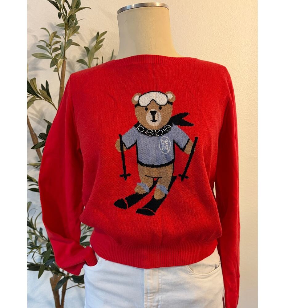 Bebe Red Skiing Teddy Bear Rhinestone Sweater Women’s Size Medium